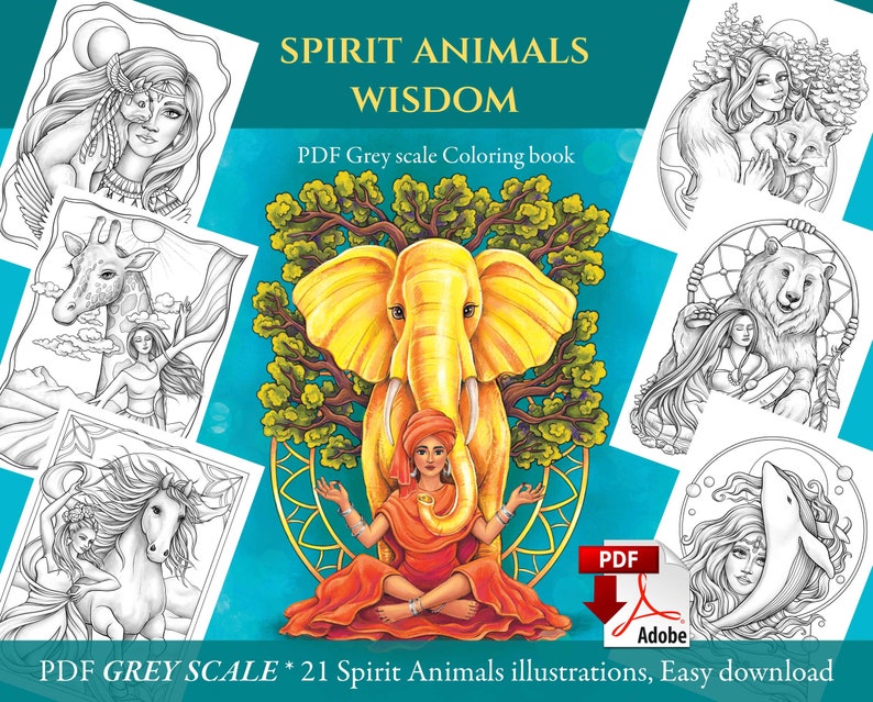 Printable Greyscale Spirit Animals Coloring Book, PDF download image 1