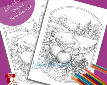 Autumn Landscape Coloring Page for Adults PDF | Grayscale & Line Art Download | Hand Drawn Art