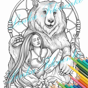 May include: A black and white line drawing of a woman with long hair playing a drum while sitting next to a bear. The bear is sitting inside a dreamcatcher. The image is surrounded by colored pencils.