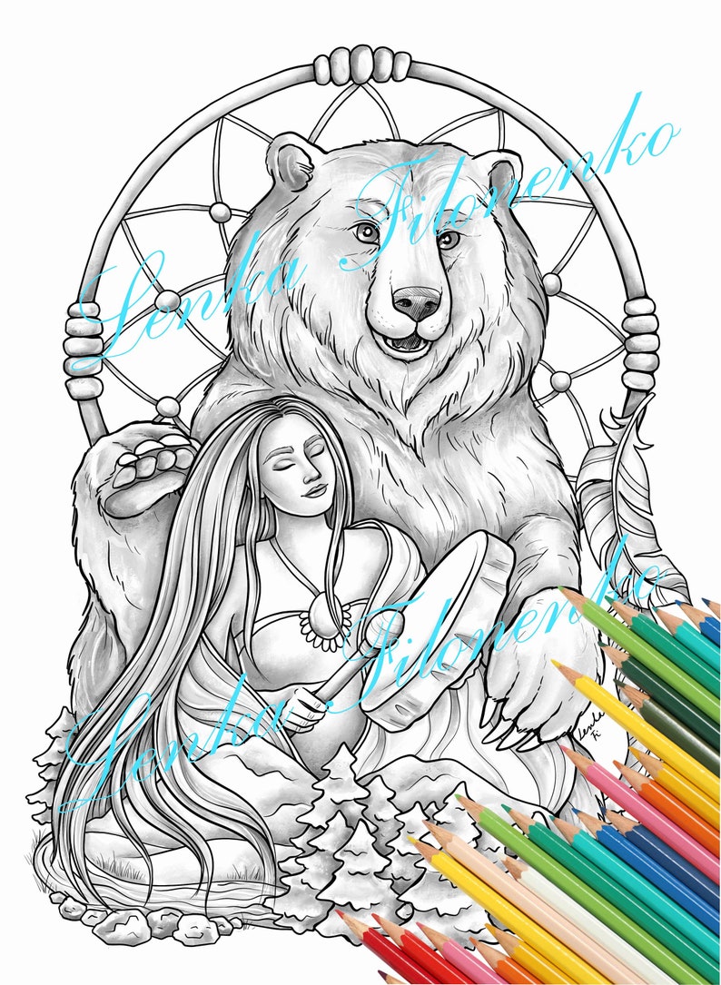 May include: A black and white line drawing of a woman with long hair playing a drum while sitting next to a bear. The bear is sitting inside a dreamcatcher. The image is surrounded by colored pencils.