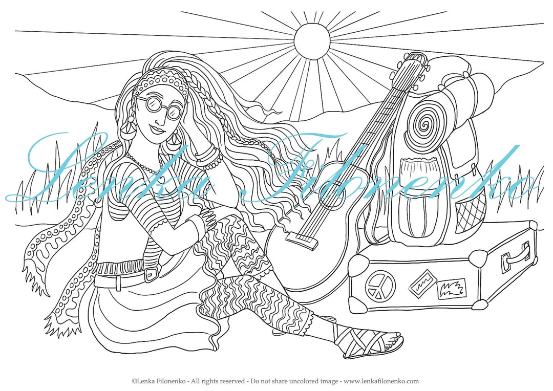 Coloring Page for Adults, Arts Coloring Page, Hippie Girl, PDF Download ...