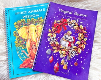 Set of two Coloring books Magical Season and Spirit Animals Wisdom, Adult Coloring Book, High quality artist print