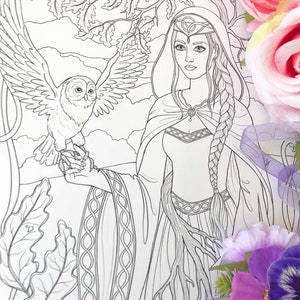 Coloring Page for Adults, Celtic Druid Lady With Owl - Line Art, PDF ...