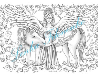 Coloring page for adults, Coloring page, Cute Greyscale Fairy with horse and angel wings,  PDF download and print