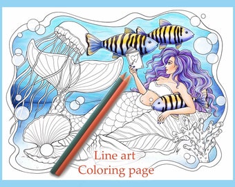 Coloring page, Mermaid Line art, PDF download and print - Mermay, Beautiful Mermaid with Fish, Meduse and Shells