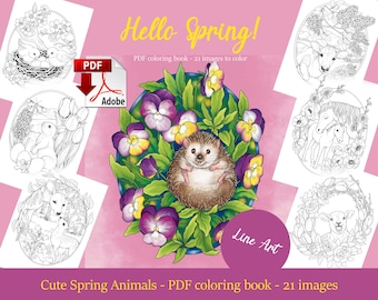 May include: A PDF coloring book featuring cute spring animals. The cover shows a hedgehog curled up in a bed of purple and yellow pansies. The title "Hello Spring!" is written in yellow letters. The text "PDF coloring book - 21 images to color" is also included.