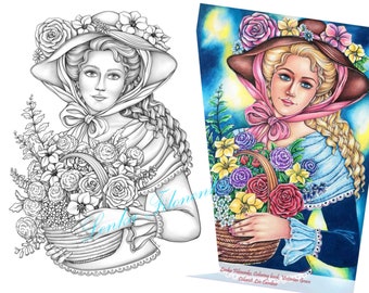 Coloring page for adults, Victorian lady Grey scale, Lady with basket of flowers, Coloring for adults - PDF download and print