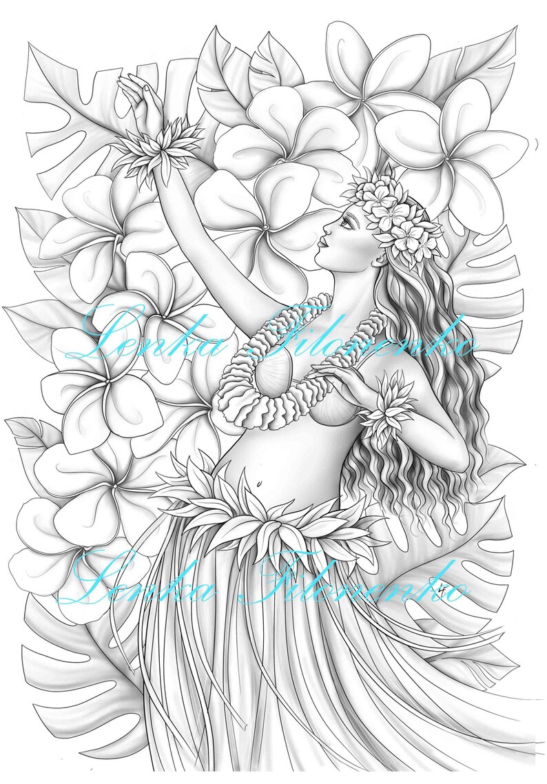 Coloring Page for Adults Hawaii Hula Dancer Greyscale - Etsy