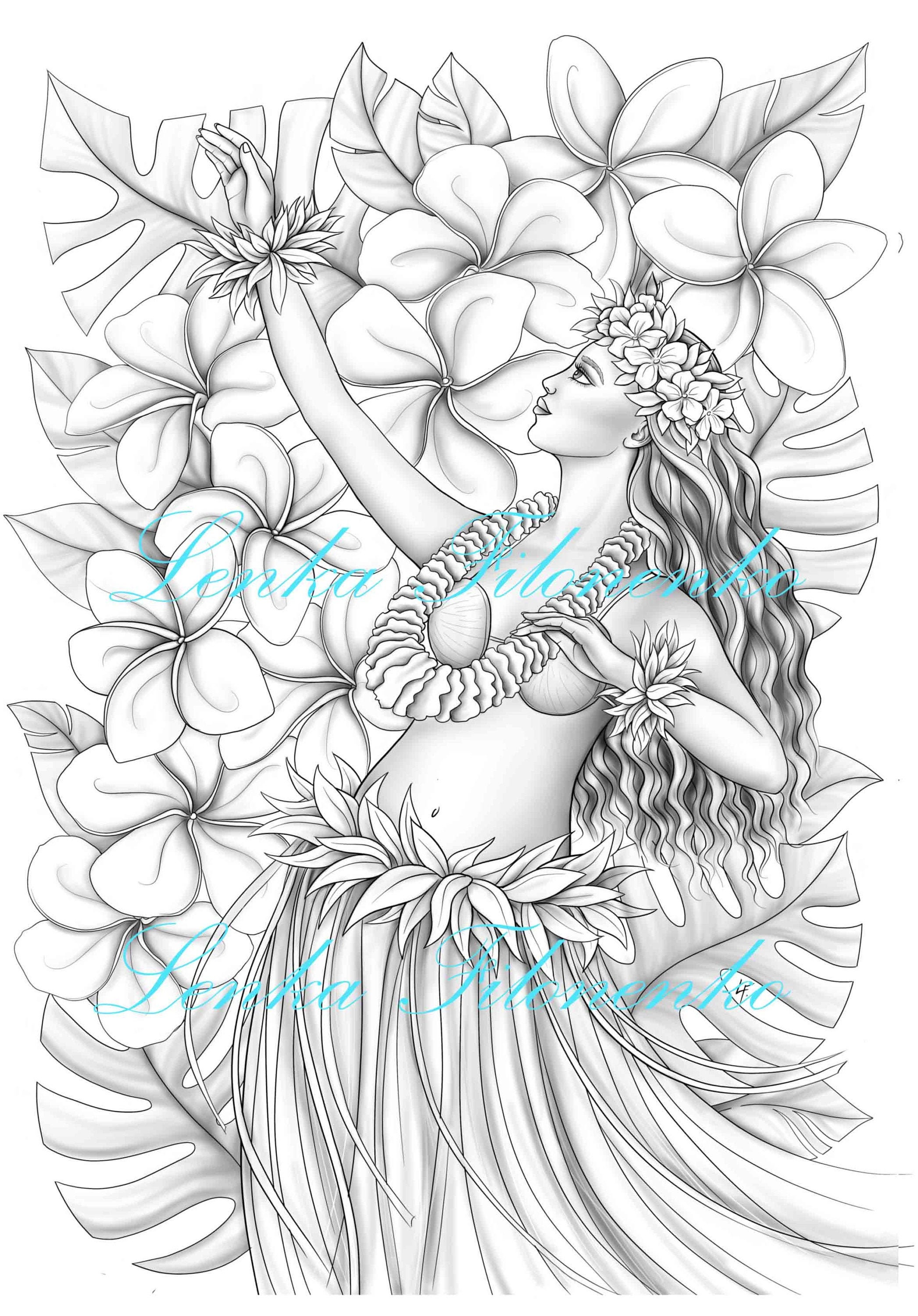 Coloring Page For Adults Hawaii Hula Dancer Greyscale Etsy