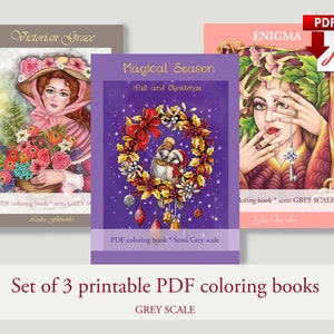 Set of 3 PDF coloring books Grey Scale - printable coloring books for adults