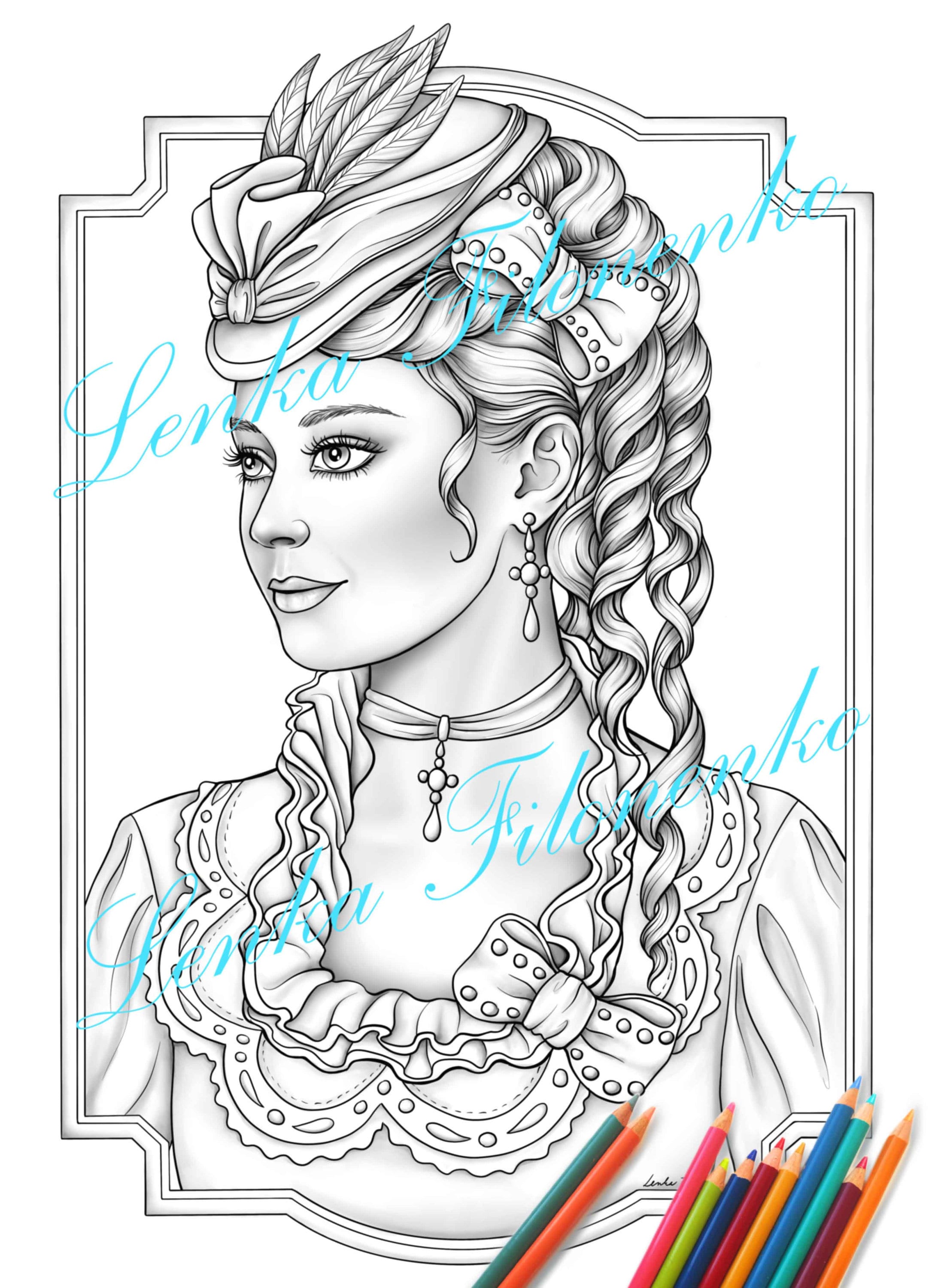 Coloring page for adults Victorian lady Grey scale Lady with | Etsy