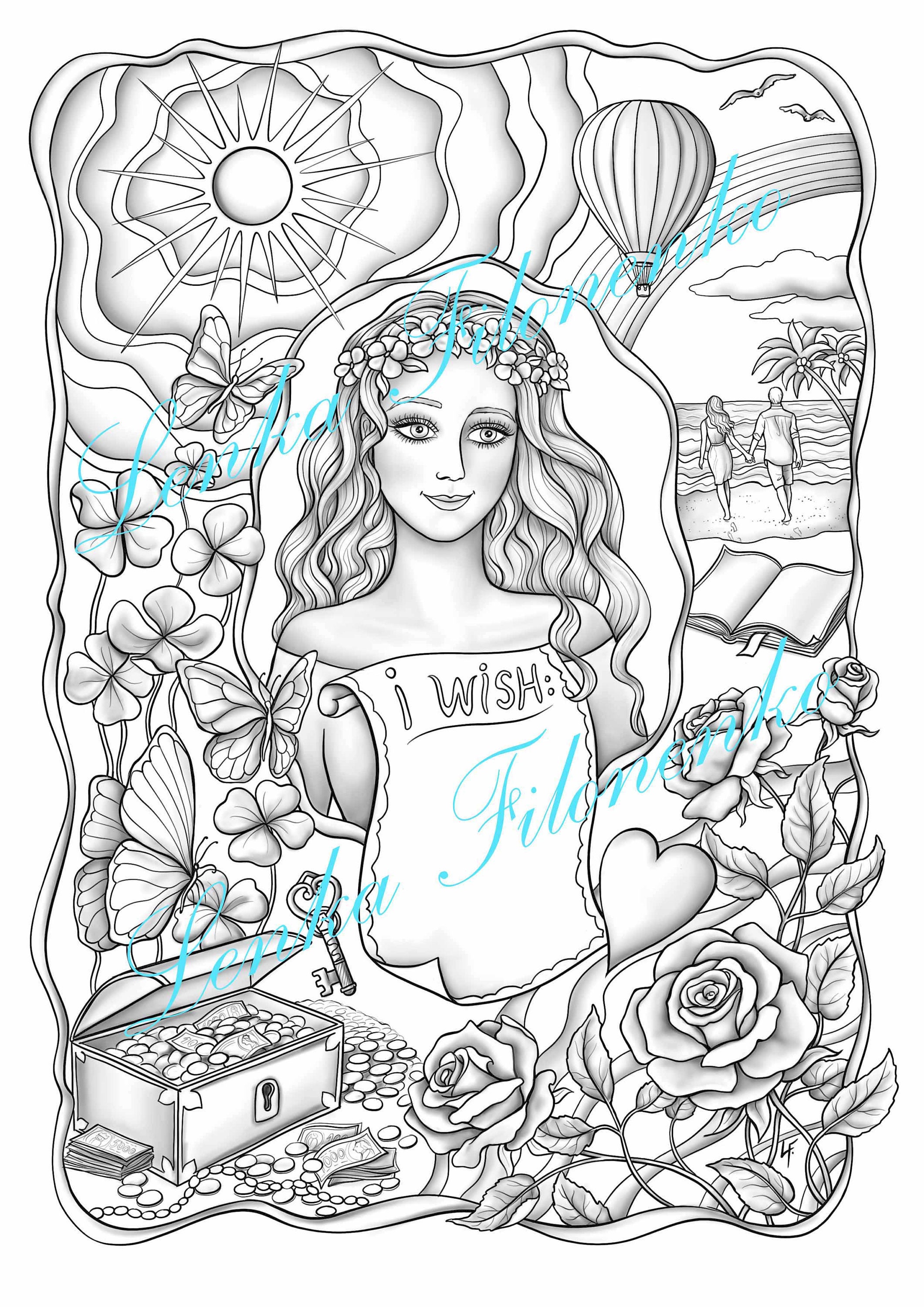 Download Coloring Page For Adults Make A Wish Grey Scale Coloring Etsy