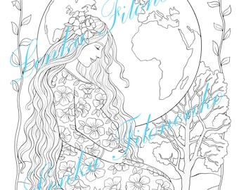 Coloring page for adults, Mother Earth Pregnant Woman - Line Art, PDF download and print