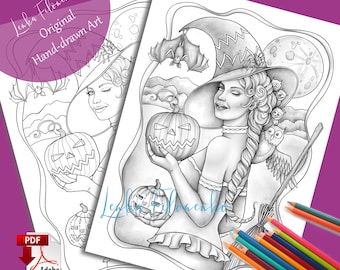 大人向け魔女2Xぬり絵｜ハロウィン印刷可能PDF｜グレースケール＆線画