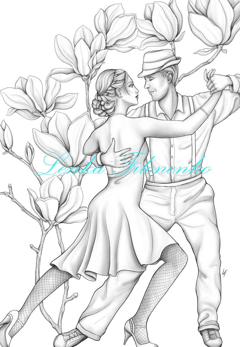 Coloring page for adults Tango dance greyscale Coloring | Etsy