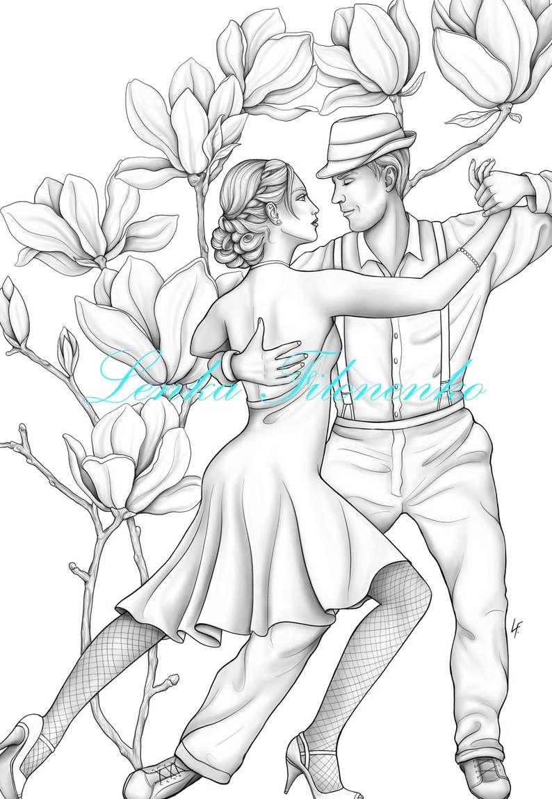 Coloring page for adults Tango dance greyscale Coloring | Etsy