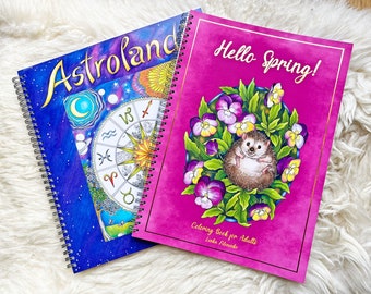 Set of two Coloring books Astrolandia and Hello Spring!, Adult Coloring Book, High quality artist print