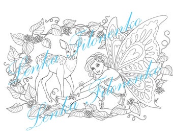 Coloring page for adults, Coloring page, Cute Fairy with butterfly wings, with deer baby and flowers, PDF download and print