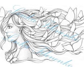 Coloring page for adults, Arts Coloring page, Butterflies in hair, PDF download and print