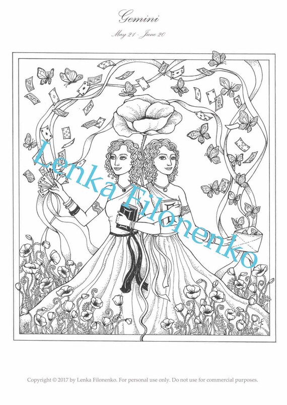 coloring page for adults arts coloring page gemini zodiac etsy