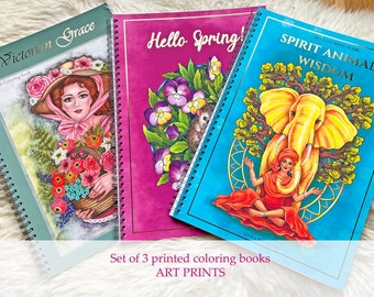 Set of 3 Coloring Books: Victorian Grace, Hello Spring!, Spirit Animals Wisdom