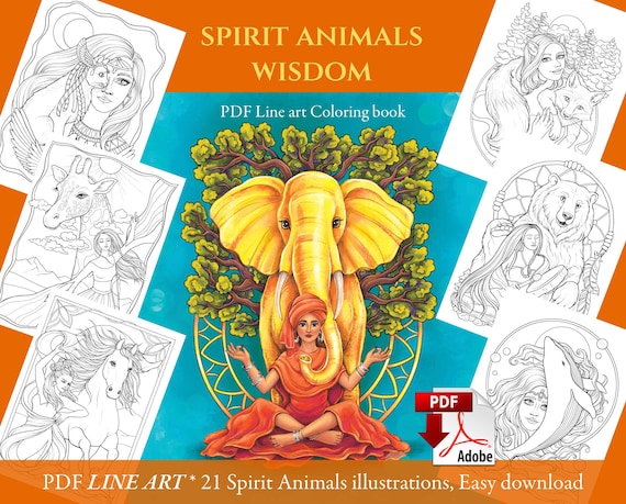 Printable Line art Spirit Animals Coloring Book, PDF download