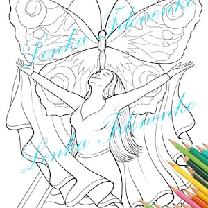 May include: A black and white line drawing of a woman with long hair, wearing a flowing dress, reaching up towards a butterfly with outstretched wings. The image is set against a background of a triangle shape.