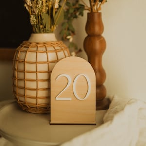 modern minimal arch wedding table numbers | wood and white acrylic table numbers for weddings or events | laser cut engraved wedding decor