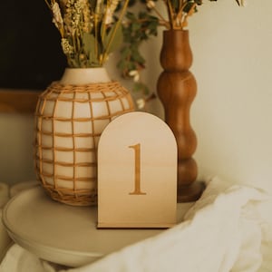 engraved modern minimal wooden table numbers for weddings or events