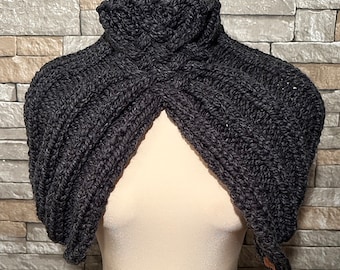 Outlander Inspired Celtic Cable Cowl | Hand Knit Cowl | Hand Knit Capelet | Aran Knit Shoulder Cover | Black | Free Delivery  Canada / USA