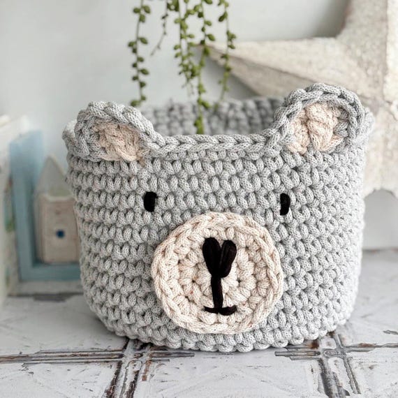 Crochet Teddy Bear Storage Basket, New Baby Gift, Nursery Storage