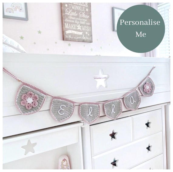Personalised Crochet Bunting, Pink and Grey Floral Nursery Banner, New Baby Gift Idea