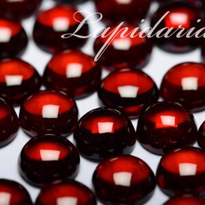 May include: Close-up of numerous, glossy, deep red cabochon gemstones. Each gem reflects a square of white light. The word "Lapidarians" is written in a cursive font across the top of the image.