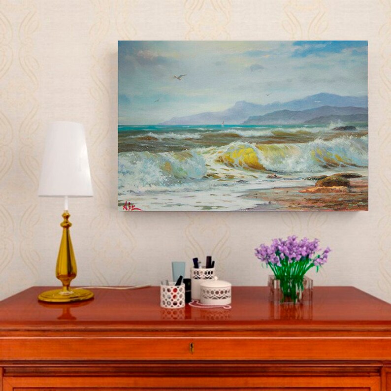 Mediterranean sea Beach wall art Tidal bore Nautical wall decor Ocean art Coastal decor Landscape painting Ocean decor Beach decor