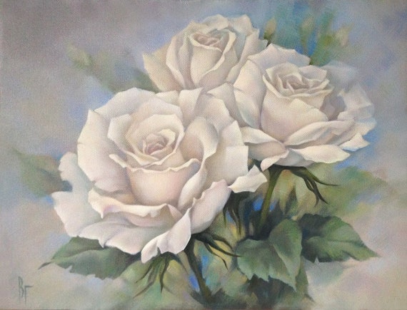 White Rose Bouquet Rose Oil Painting Floral Wall Art Gift Etsy