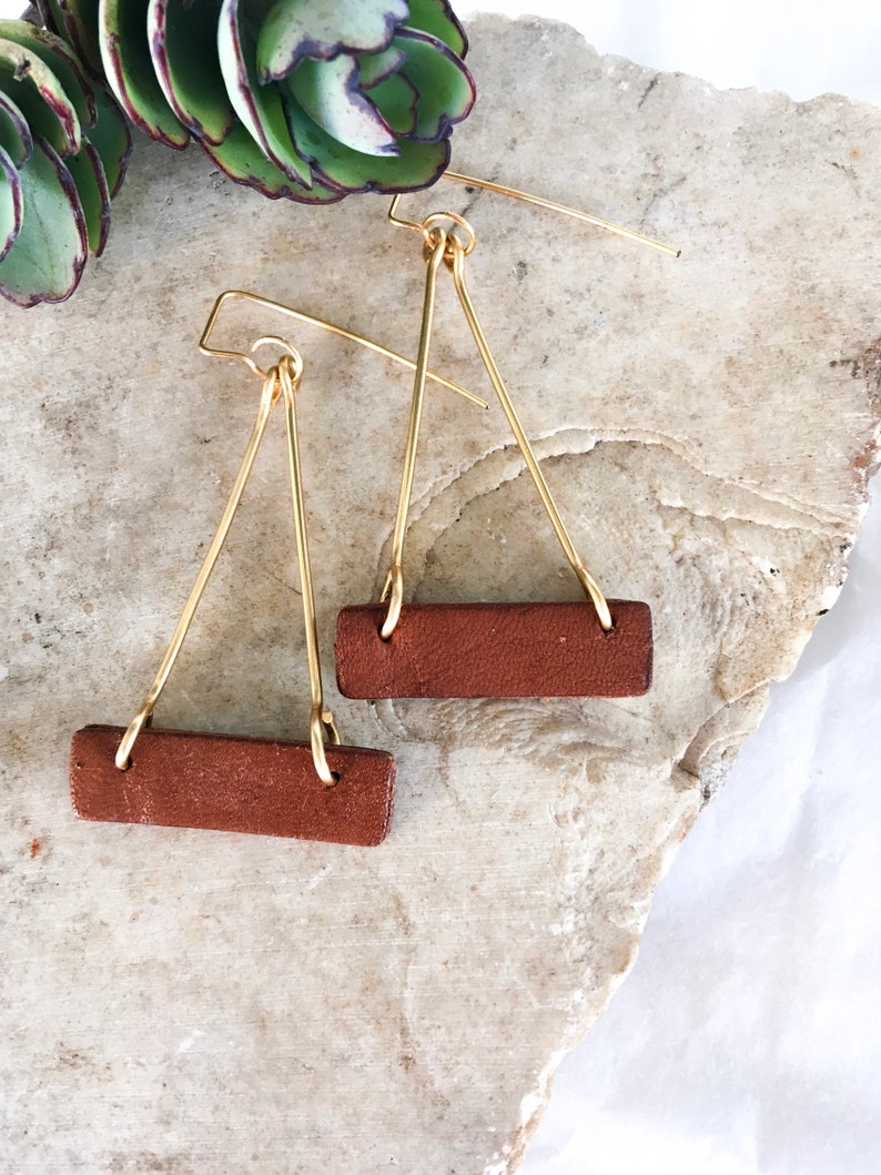 Leather Triangle Earrings Leather Bar Earrings Brass Earrings Lightweight Earrings Leather Geometric Earrings
