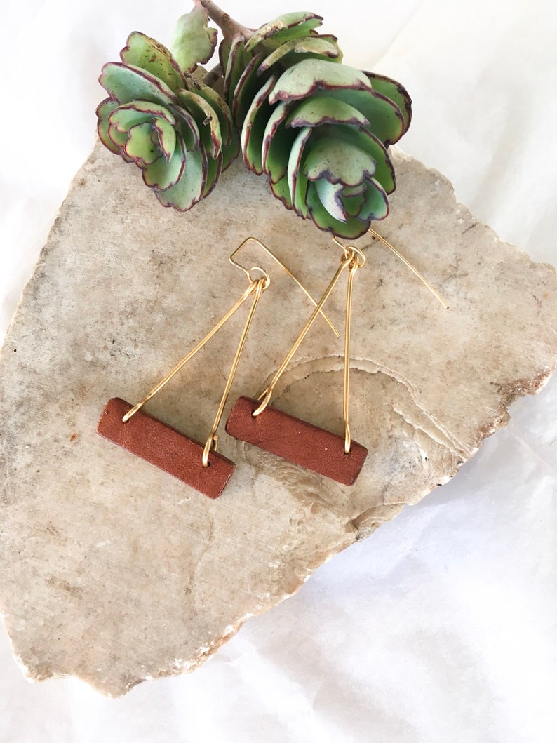 Leather Triangle Earrings Leather Bar Earrings Brass Earrings Lightweight Earrings Leather Geometric Earrings