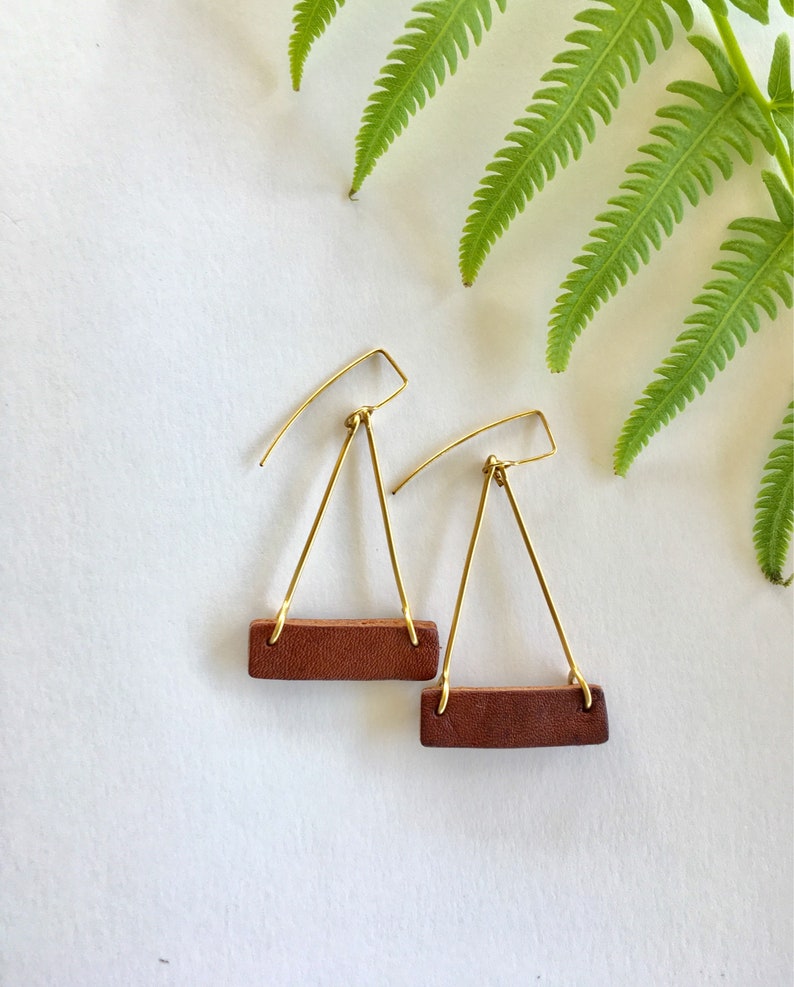 Leather Triangle Earrings Leather Bar Earrings Brass Earrings Lightweight Earrings Leather Geometric Earrings
