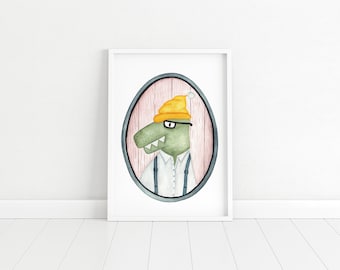 Hipster Dinosaur Art Print | Whimsical Nursery Watercolor Illustration