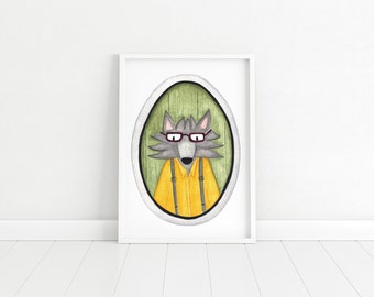 Hipster Wolf Watercolor Print | Whimsical Animal Illustration