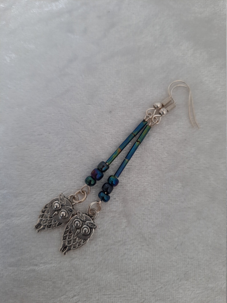 Mothers Day gift Gift for her Long beaded owl earrings Birds and animals Prom jewellery Owl charm Black multi-sheen bead earrings