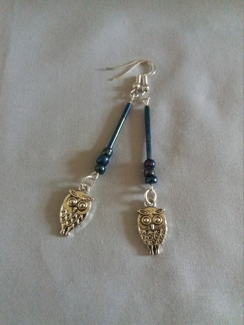 Mothers Day gift Gift for her Long beaded owl earrings Birds and animals Prom jewellery Owl charm Black multi-sheen bead earrings