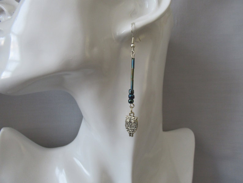 Mothers Day gift Gift for her Long beaded owl earrings Birds and animals Prom jewellery Owl charm Black multi-sheen bead earrings
