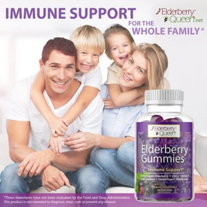 May include: A family of four smiles for the camera while holding a bottle of Elderberry Queen gummies. The bottle is white with a purple label and features the text "Elderberry Gummies" and "Immune Support*" in black. The bottle contains 60 gummies and is a dietary supplement.