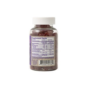 May include: A clear plastic bottle with a white lid filled with red gummies. The bottle label has the words "Supplement Facts" and lists the nutritional information for the gummies. The label also includes the text "Organic Black Elderberry" and "60mg".