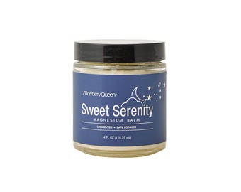 May include: A blue and white jar of Sweet Serenity Magnesium Balm, unscented and safe for kids, with a moon and stars design. The jar is 4 fluid ounces (118.29 ml).