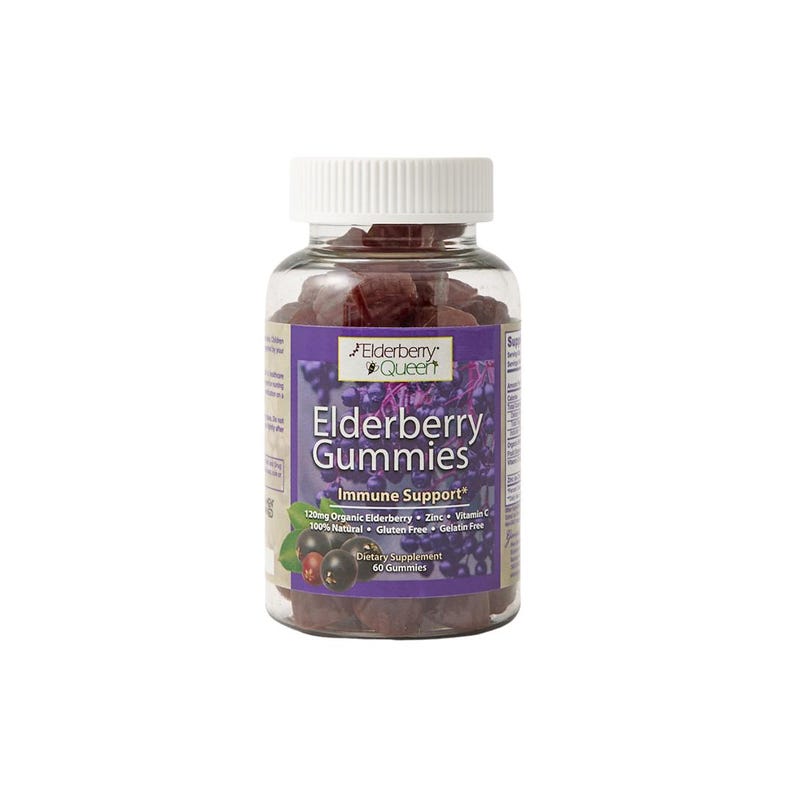 May include: A clear glass bottle filled with purple elderberry gummies. The bottle has a white lid and a purple label that reads "Elderberry Queen" and "Elderberry Gummies Immune Support". The label also lists the ingredients: 120mg Organic Elderberry, Zinc, Vitamin C, 100% Natural, Gluten Free, Gelatin Free. The bottle contains 60 gummies.