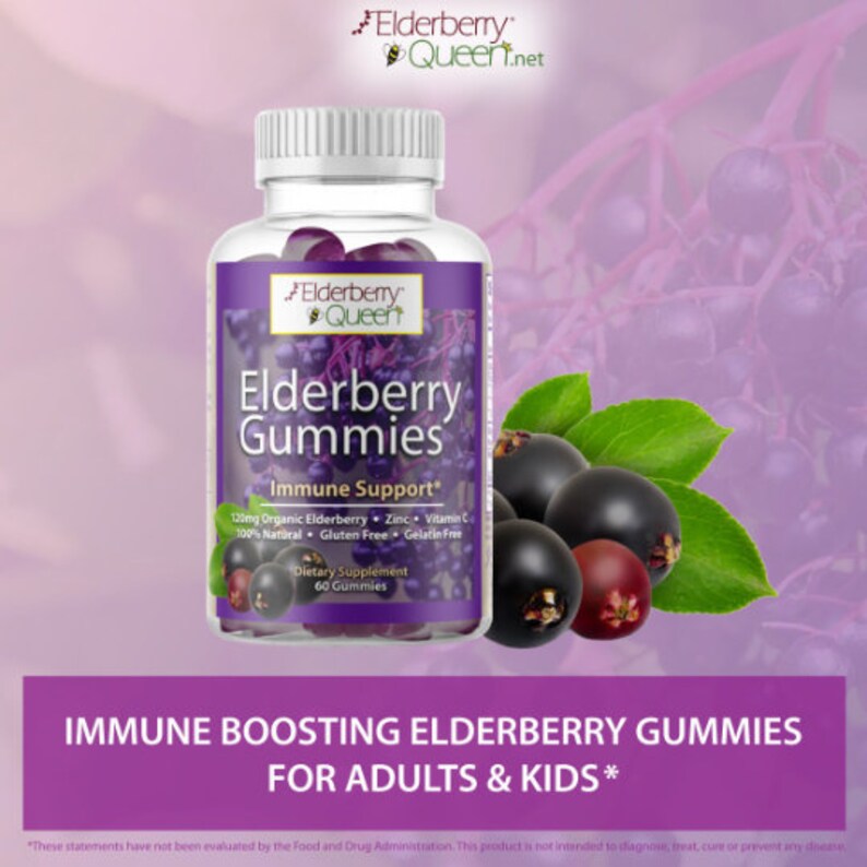 May include: A bottle of Elderberry Queen gummies for immune support. The bottle is purple and white with a label that says "Elderberry Gummies" and "Immune Support". The bottle is surrounded by elderberry fruit.