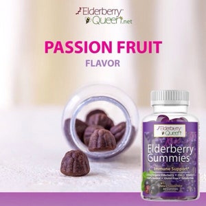 May include: A bottle of Elderberry Gummies with Passion Fruit flavor. The bottle is purple and white with the text "Elderberry Gummies" and "Immune Support" on the label. The bottle contains 60 gummies and is a dietary supplement.