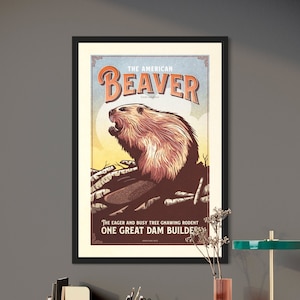 Retro Style American Beaver Giclée Art Print - Beaver Poster - Home Decor